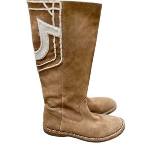 True Religion Tan Suede Knee-High Boots with White Logo